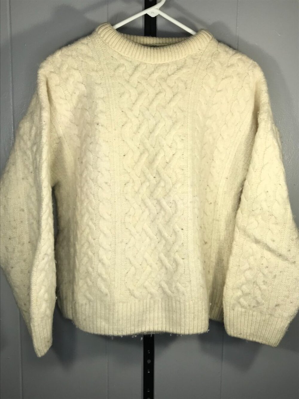 Vintage Aran Crafts Ireland Wool Cable Knit Sweater Ivory Merino Womens Large